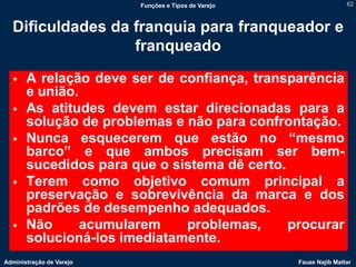 Funções e Tipos de Varejo                   62



  Dificuldades da franquia para franqueador e
                  franqueado

      A relação deve ser de confiança, transparência
       e união.
      As atitudes devem estar direcionadas para a
       solução de problemas e não para confrontação.
      Nunca esquecerem que estão no “mesmo
       barco” e que ambos precisam ser bem-
       sucedidos para que o sistema dê certo.
      Terem como objetivo comum principal a
       preservação e sobrevivência da marca e dos
       padrões de desempenho adequados.
      Não      acumularem    problemas,      procurar
       solucioná-los imediatamente.
Administração de Varejo                               Fauze Najib Mattar
 