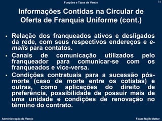 Funções e Tipos de Varejo                   74



            Informações Contidas na Circular de
             Oferta de Franquia Uniforme (cont.)

      Relação dos franqueados ativos e desligados
       da rede, com seus respectivos endereços e e-
       mails para contatos.
      Canais de comunicação utilizados pelo
       franqueador para comunicar-se com os
       franqueados e vice-versa.
      Condições contratuais para a sucessão pós-
       morte (caso de morte entre os cotistas) e
       outras, como aplicações do direito de
       preferência, possibilidade de possuir mais de
       uma unidade e condições de renovação no
       término do contrato.
Administração de Varejo                               Fauze Najib Mattar
 