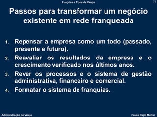Funções e Tipos de Varejo                   78



       Passos para transformar um negócio
          existente em rede franqueada

  1.     Repensar a empresa como um todo (passado,
         presente e futuro).
  2.     Reavaliar os resultados da empresa e o
         crescimento verificado nos últimos anos.
  3.     Rever os processos e o sistema de gestão
         administrativa, financeiro e comercial.
  4.     Formatar o sistema de franquias.


Administração de Varejo                               Fauze Najib Mattar
 