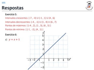 Intervalos crescentes: (-7 , -4) U (-1 , 1) U (4 , 6)
Intervalos decrescentes: (-4 , -1) U (1 , 4) U (6 , 7)
Pontos de máximos: { (-4 , 2), (1 , 3), (6 , 5) }
Pontos de mínimo: { (-1 , -2), (4 , 1) }
Exercício 5:
Exercício 6:
𝑦 = 𝑥 + 1
a)
𝑦
𝑥
1 2 3 4 5
1
2
−1
−2
−1
−2
3
4
5
−3
Respostas
105
 