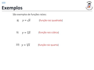 Exemplos
São exemplos de funções raízes:
𝑦 = 𝑥 (função raiz quadrada)
8)
𝑦 = 3
𝑥 (função raiz cúbica)
9)
𝑦 = 4
𝑥 (função raiz quarta)
10)
123
 
