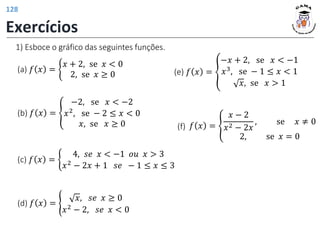 1) Esboce o gráfico das seguintes funções.
(a) 𝑓 𝑥 = ቊ
𝑥 + 2, se 𝑥 < 0
2, se 𝑥 ≥ 0
(b) 𝑓 𝑥 = ቐ
−2, se 𝑥 < −2
𝑥2, se − 2 ≤ 𝑥 < 0
𝑥, se 𝑥 ≥ 0
(c) 𝑓 𝑥 = ቊ
4, 𝑠𝑒 𝑥 < −1 𝑜𝑢 𝑥 > 3
𝑥2
− 2𝑥 + 1 𝑠𝑒 − 1 ≤ 𝑥 ≤ 3
(d) 𝑓 𝑥 = ൝
𝑥, 𝑠𝑒 𝑥 ≥ 0
𝑥2 − 2, 𝑠𝑒 𝑥 < 0
(e) 𝑓 𝑥 = ൞
−𝑥 + 2, se 𝑥 < −1
𝑥3, se − 1 ≤ 𝑥 < 1
𝑥, se 𝑥 > 1
𝑓 𝑥 = ቐ
𝑥 − 2
𝑥2 − 2𝑥
, se 𝑥 ≠ 0
2, se 𝑥 = 0
(f)
Exercícios
128
 