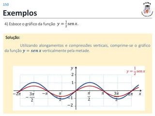 Exemplos
4) Esboce o gráfico da função 𝑦 =
1
2
sen 𝑥.
Solução:
Utilizando alongamentos e compressões verticais, comprime-se o gráfico
da função 𝒚 = 𝒔𝒆𝒏 𝒙 verticalmente pela metade.
𝑦
𝑥
𝜋
2
𝜋
1
−1
3𝜋
2
2𝜋
−
𝜋
2
−𝜋
−
3𝜋
2
−2𝜋
2
−2
𝑦 =
1
2
sen 𝑥
150
 