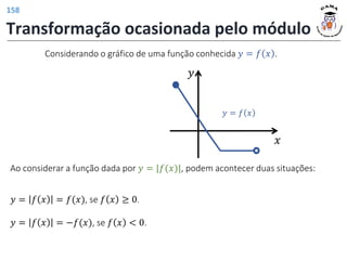 Transformação ocasionada pelo módulo
Considerando o gráfico de uma função conhecida 𝑦 = 𝑓 𝑥 .
Ao considerar a função dada por 𝑦 = |𝑓(𝑥)|, podem acontecer duas situações:
𝑦
𝑥
𝑦 = 𝑓 𝑥
𝑦 = 𝑓 𝑥 = 𝑓(𝑥), se 𝑓 𝑥 ≥ 0.
𝑦 = 𝑓 𝑥 = −𝑓(𝑥), se 𝑓 𝑥 < 0.
158
 