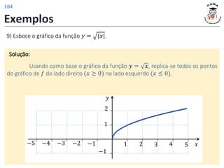 Exemplos
9) Esboce o gráfico da função 𝑦 = |𝑥|.
Solução:
Usando como base o gráfico da função 𝒚 = 𝒙, replica-se todos os pontos
do gráfico de 𝑓 do lado direito (𝑥 ≥ 0) no lado esquerdo (𝑥 ≤ 0).
𝑦
𝑥
3 4 5
1
−1
−1
2
1
2
−2
−3
−4
−5
164
 
