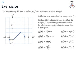 2) Considere o gráfico de uma função 𝑓 representado na figura a seguir.
𝑦
𝑥
1 2 3 4 5
1
2
−1
−2
−1
−2
3
4
5
(a) Determine o domínio e a imagem de 𝑓.
(b) Considerando como base o gráfico da
função 𝑓, represente graficamente cada
função a seguir, determinando o domínio
e a imagem.
𝑓1 𝑥 = 𝑓 𝑥 − 1
𝑓2 𝑥 = 𝑓 𝑥 − 1
𝑓3 𝑥 = 2𝑓 𝑥
𝑓4 𝑥 = 𝑓
𝑥
2
𝑓5 𝑥 = −𝑓 𝑥
𝑓6 𝑥 = 𝑓 −𝑥
𝑓7 𝑥 = |𝑓 𝑥 |
𝑓8 𝑥 = 𝑓 |𝑥|
Exercícios
170
 