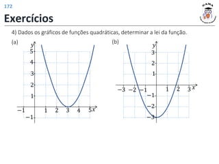 4) Dados os gráficos de funções quadráticas, determinar a lei da função.
𝑦
𝑥
1 2 3 4 5
1
2
−1
−1
3
4
5
(a) (b)
𝑦
𝑥
1 2 3
−2
−3
1
−1
−3
2
3
−1
−2
Exercícios
172
 
