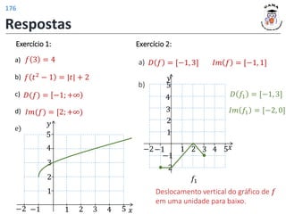 𝑓 3 = 4
𝑓 𝑡2 − 1 = |𝑡| + 2
𝐼𝑚(𝑓) = [2; +∞)
𝐷(𝑓) = −1; +∞
𝑦
𝑥
1 2 3 4 5
1
2
−1
−2
3
4
5
Exercício 1:
a)
b)
c)
d)
e)
Exercício 2:
a) 𝐷 𝑓 = [−1, 3] 𝐼𝑚 𝑓 = [−1, 1]
b)
𝐷 𝑓1 = [−1, 3]
𝐼𝑚 𝑓1 = [−2, 0]
Deslocamento vertical do gráfico de 𝑓
em uma unidade para baixo.
𝑦
𝑥
1 2 3 4 5
1
2
−1
−2
−1
−2
3
4
5
𝑓1
Respostas
176
 