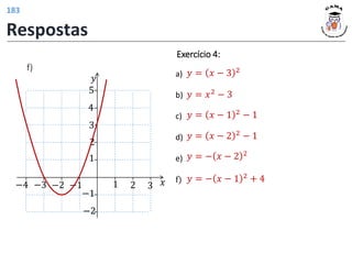 f)
𝑦
𝑥
1 2 3
1
2
−1
−2
−1
−2
3
4
5
−3
−4
𝑦 = 𝑥 − 3 2
𝑦 = 𝑥2 − 3
𝑦 = 𝑥 − 1 2
− 1
𝑦 = 𝑥 − 2 2 − 1
𝑦 = − 𝑥 − 1 2
+ 4
𝑦 = − 𝑥 − 2 2
Exercício 4:
a)
b)
c)
d)
e)
f)
Respostas
183
 