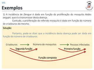 Exemplos
1) A incidência de Dengue é dada em função da proliferação do mosquito Aedes
aegypti, que é o transmissor desta doença.
Contudo, a proliferação do referido mosquito é dada em função do número
de criadouros do mesmo.
Solução:
Portanto, pode-se dizer que a incidência desta doença pode ser dada em
função do número de criadouros.
Criadouros Número de mosquitos Pessoas infectadas
Segunda função Primeira função
Função composta
191
 
