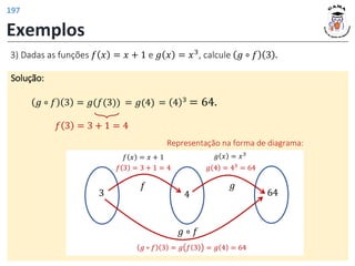 Exemplos
3) Dadas as funções 𝑓 𝑥 = 𝑥 + 1 e 𝑔 𝑥 = 𝑥3
, calcule 𝑔 ∘ 𝑓 3 .
Solução:
𝑔 ∘ 𝑓 3 = 𝑔(𝑓(3)) = 𝑔(4) = 4 3
= 64.
𝑓 3 = 3 + 1 = 4
3 4 64
Representação na forma de diagrama:
𝑓 3 = 3 + 1 = 4
𝑓
𝑓 𝑥 = 𝑥 + 1
𝑔 4 = 43
= 64
𝑔
𝑔 𝑥 = 𝑥3
𝑔 ∘ 𝑓 3 = 𝑔 𝑓 3 = 𝑔 4 = 64
𝑔 ∘ 𝑓
197
 