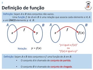 Definição: Sejam 𝐴 e 𝐵 dois conjuntos não vazios.
Uma função 𝑓 de 𝐴 em 𝐵 é uma relação que associa cada elemento 𝑥 ∈ 𝐴
a um ÚNICO elemento 𝑦 ∈ 𝐵.
Definição de função
𝒙 𝒚
𝑨
𝒇
𝑩
𝒙 𝒇(𝒙)
𝑨
𝒇
𝑩
Notação: 𝒚 = 𝒇(𝒙)
“𝑦 é igual a 𝑓(𝑥)”
ou
“𝑓(𝑥) é igual a 𝑦”
Definição: Sejam 𝐴 e 𝐵 dois conjuntos e 𝑓 uma função de 𝐴 em 𝐵.
• O conjunto 𝐴 é chamado de conjunto de partida.
• O conjunto 𝐵 é chamado de conjunto de chegada.
2
 