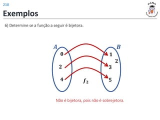 Exemplos
𝟏
3
5
𝒇𝟐
𝟐
𝟎
2
𝟒
𝑨 𝑩
6) Determine se a função a seguir é bijetora.
Não é bijetora, pois não é sobrejetora.
218
 