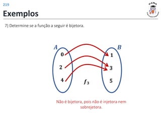 Exemplos
𝟏
3
5
𝒇𝟑
𝟎
2
𝟒
𝑨 𝑩
7) Determine se a função a seguir é bijetora.
Não é bijetora, pois não é injetora nem
sobrejetora.
219
 