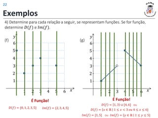 1 2 3 4 5 6 𝑥
1
2
3
5
6
4
𝑦
É Função!
1 2 3 4 5 6 𝑥
1
2
3
5
6
4
𝑦
𝐷 𝑓 = 1, 3 ∪ [4, 6]
É Função!
𝐷 𝑓 = {0, 1, 2, 3, 5} 𝐼𝑚 𝑓 = {2, 3, 4, 5}
𝐼𝑚 𝑓 = [1, 5]
𝐷 𝑓 = 𝑥 ∈ ℝ 1 ≤ 𝑥 < 3 𝑜𝑢 4 ≤ 𝑥 ≤ 6}
𝐼𝑚 𝑓 = 𝑦 ∈ ℝ 1 ≤ 𝑦 ≤ 5}
ou
ou
4) Determine para cada relação a seguir, se representam funções. Se for função,
determine 𝐷(𝑓) e 𝐼𝑚(𝑓).
(f) (g)
Exemplos
22
 