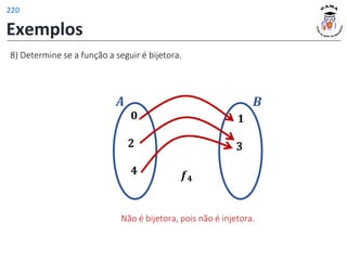 Exemplos
𝟎
2
𝟒
𝟏
3
𝒇𝟒
𝑨 𝑩
8) Determine se a função a seguir é bijetora.
Não é bijetora, pois não é injetora.
220
 