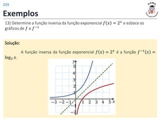 Exemplos
13) Determine a função inversa da função exponencial 𝑓 𝑥 = 2𝑥 e esboce os
gráficos de 𝑓 e 𝑓−1
Solução:
A função inversa da função exponencial 𝑓 𝑥 = 2𝑥 é a função 𝑓−1 𝑥 =
log2 𝑥.
𝑦
𝑥
1 2 3 4 5
1
2
−1
−2
−1
−2
3
4
5
−3
229
 