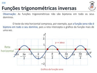 Funções trigonométricas inversas
Observação: As funções trigonométricas não são bijetoras em todo os seus
domínios.
O teste da reta horizontal comprova, por exemplo, que a função seno não é
bijetora em todo o seu domínio, pois a reta intercepta o gráfico da função mais de
uma vez.
𝑦
𝑥
𝜋
2
𝜋
1
−1
3𝜋
2
2𝜋
−
𝜋
2
−𝜋
−
3𝜋
2
−2𝜋 5𝜋
2
3𝜋
2
−2
𝑦 = sin 𝑥
Gráfico da função seno
Reta
horizontal
230
 