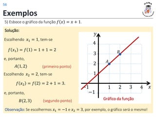 Exemplos
5) Esboce o gráfico da função 𝑓 𝑥 = 𝑥 + 1.
Solução:
𝑓 𝑥1 = 𝑓 1 = 1 + 1 = 2
e, portanto,
𝐴(1, 2) (primeiro ponto)
Escolhendo 𝑥1 = 1, tem-se
𝑓 𝑥2 = 𝑓 2 = 2 + 1 = 3.
e, portanto,
𝐵(2, 3) (segundo ponto)
Escolhendo 𝑥2 = 2, tem-se
𝑦
𝑥
1 2 3 4
1
2
−1
−1
3
4
Gráfico da função
𝐴
𝐵
Observação: Se escolhermos 𝑥1 = −1 e 𝑥2 = 3, por exemplo, o gráfico será o mesmo!
56
 