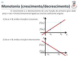 Monotonia (crescimento/decrescimento)
O crescimento e o decrescimento de uma função do primeiro grau dada
por𝑦 = 𝑎𝑥 + 𝑏 está diretamente ligado ao sinal do coeficiente angular.
1) Se 𝑎 > 0, então a função é crescente:
𝑓 𝑥1
𝑦
𝑥1 𝑥2
𝑓 𝑥2
𝑥
𝑥2
𝑥1
𝑓 𝑥2
𝑓 𝑥1
𝑦
𝑥
2) Se 𝑎 < 0, então a função é decrescente:
62
 