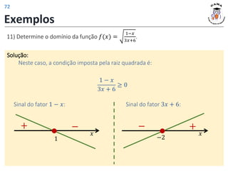 Exemplos
11) Determine o domínio da função 𝑓(𝑥) =
1−𝑥
3𝑥+6
.
Solução:
Neste caso, a condição imposta pela raiz quadrada é:
1 − 𝑥
3𝑥 + 6
≥ 0
Sinal do fator 1 − 𝑥:
𝑥
1
−
+
Sinal do fator 3𝑥 + 6:
𝑥
−2
+
−
72
 