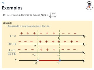 Exemplos
11) Determine o domínio da função 𝑓(𝑥) =
1−𝑥
3𝑥+6
.
Solução:
Analisando o sinal do quociente, tem-se:
𝑥
−2
+
+
+
3𝑥 + 6
+
+
+ +
−
−
−
𝑆
−2 𝑥
1
𝑥
1
+
+
+
1 − 𝑥
+
+
+ −
−
−
+
+
+
𝑥
−2 1
1 − 𝑥
3𝑥 + 6
−
−
− −
−
−
73
 