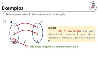 2) Determine se a relação abaixo representa uma função.
Solução:
Não é uma função pois existe
elemento do conjunto 𝐴 que não se
relaciona a elemento algum do conjunto
𝐵.
Exemplos
𝑨
𝟏
𝟐
𝟑
𝒂
𝒃
𝒄
𝒇
𝑩
(c)
Não existe relação do 𝟑 com elementos de 𝑩.
8
 