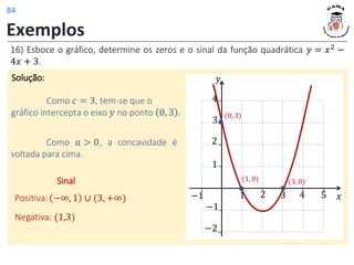Exemplos
Solução: 𝑦
𝑥
3 4 5
−1
1
1
2
3
−1
4
2
−2
Como 𝑐 = 3, tem-se que o
gráfico intercepta o eixo 𝑦 no ponto 0, 3 .
Sinal
Positiva: −∞, 1 ∪ (3, +∞)
Negativa: (1,3)
(0, 3)
(1, 0) (3, 0)
Como 𝑎 > 0, a concavidade é
voltada para cima.
16) Esboce o gráfico, determine os zeros e o sinal da função quadrática 𝑦 = 𝑥2
−
4𝑥 + 3.
84
 