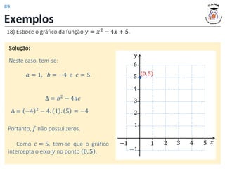 Exemplos
Solução:
18) Esboce o gráfico da função 𝑦 = 𝑥2
− 4𝑥 + 5.
𝑎 = 1, 𝑏 = −4 e 𝑐 = 5.
Neste caso, tem-se:
∆ = 𝑏2 − 4𝑎𝑐
∆ = −4 2 − 4. 1 . 5 = −4
Portanto, 𝑓 não possui zeros.
Como 𝑐 = 5, tem-se que o gráfico
intercepta o eixo 𝑦 no ponto 0, 5 .
𝑦
𝑥
3 4 5
1
−1
2
3
2
−1
4
5
6
1
(0, 5)
89
 