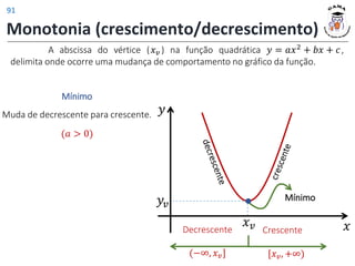 Monotonia (crescimento/decrescimento)
A abscissa do vértice (𝑥𝑣 ) na função quadrática 𝑦 = 𝑎𝑥2
+ 𝑏𝑥 + 𝑐,
delimita onde ocorre uma mudança de comportamento no gráfico da função.
Muda de decrescente para crescente.
(𝑎 > 0)
Mínimo
Mínimo
𝑦
𝑥
𝑥𝑣
𝑦𝑣
Decrescente
(−∞, 𝑥𝑣]
Crescente
[𝑥𝑣, +∞)
91
 