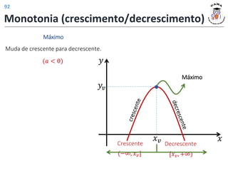 Monotonia (crescimento/decrescimento)
Máximo
𝑥𝑣
𝑦
𝑦𝑣
𝑥
Crescente
(−∞, 𝑥𝑣]
Decrescente
[𝑥𝑣, +∞)
Muda de crescente para decrescente.
Máximo
(𝑎 < 0)
92
 