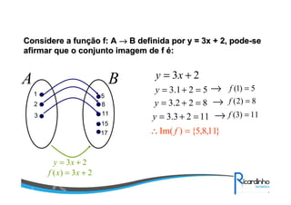 Considere a função f: A → B definida por y = 3x + 2, pode-se
afirmar que o conjunto imagem de f é:

A

B
1

5
8
11

2
3

15
17

y = 3x + 2
f ( x) = 3x + 2

y = 3x + 2

y = 3.1 + 2 = 5 → f (1) = 5
y = 3.2 + 2 = 8 → f (2) = 8
y = 3.3 + 2 = 11 → f (3) = 11

∴ Im( f ) = {5,8,11}

 