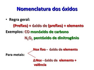 Nomenclatura dos óxidos <ul><li>Regra geral:  </li></ul><ul><li>(Prefixo) +  óxido   de  (prefixo) + elemento </li></ul><u...