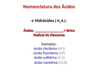Nomenclatura dos Ácidos ->  Hidrácidos  ( H n  A ):  Ácidos  + ídrico Radical do Elemento Exemplos: ácido clorídrico  (HCl) ácido fluorídrico  (HF) ácido sulfídrico  (H 2 S) - ácido cianídrico  (HCN) 