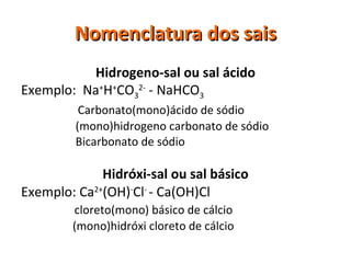 Nomenclatura dos sais Hidrogeno-sal ou sal ácido Exemplo:  Na + H + CO 3 2-  - NaHCO 3 Carbonato(mono)ácido de sódio (mono)hidrogeno carbonato de sódio Bicarbonato de sódio Hidróxi-sal ou sal básico Exemplo: Ca 2+ (OH) - Cl -  - Ca(OH)Cl cloreto(mono) básico de cálcio (mono)hidróxi cloreto de cálcio 