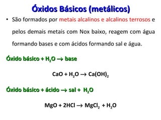 Óxidos Básicos (metálicos) São formados por  metais alcalinos e alcalinos terrosos  e pelos demais metais com Nox baixo, reagem com água formando bases e com ácidos formando sal e água.  Óxido básico + H 2 O    base CaO + H 2 O    Ca(OH) 2 Óxido básico + ácido    sal +  H 2 O MgO + 2HCl    MgCl 2  + H 2 O 