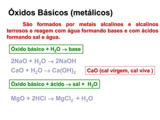 Óxidos Básicos (metálicos)
São formados por metais alcalinos e alcalinos
terrosos e reagem com água formando bases e com ácidos
formando sal e água.
2NaO + H2O  2NaOH
CaO + H2O  Ca(OH)2
MgO + 2HCl  MgCl2 + H2O
Óxido básico + H2O  base
Óxido básico + ácido  sal + H2O
CaO (cal virgem, cal viva )
 