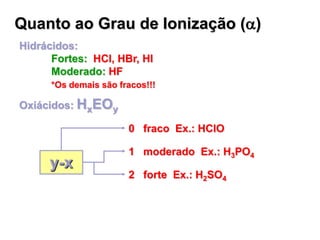 Quanto ao Grau de Ionização (a)
Hidrácidos:
Fortes: HCl, HBr, HI
Moderado: HF
*Os demais são fracos!!!
Oxiácidos: HxEOy
0 fraco Ex.: HClO
1 moderado Ex.: H3PO4
2 forte Ex.: H2SO4
y-x
 