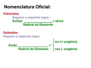 Nomenclatura Oficial:
Hidrácidos
Seguem a seguinte regra:
Ácidos + ídrico
Radical do Elemento
Oxiácidos
Seguem a seguinte regra:
ico (+ oxigênio)
Ácido __________________ +
Radical do Elemento oso (- oxigênio)
 