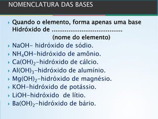 } Quando o elemento, forma apenas uma base
Hidróxido de ......................................
(nome do elemento)
} NaOH- hidróxido de sódio.
} NH4OH-hidróxido de amônio.
} Ca(OH)2-hidróxido de cálcio.
} Al(OH)3-hidróxido de alumínio.
} Mg(OH)2-hidróxido de magnésio.
} KOH-hidróxido de potássio.
} LiOH-hidróxido de lítio.
} Ba(OH)2-hidróxido de bário.
 