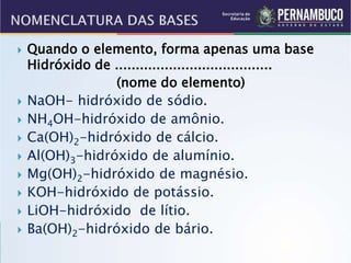  Quando o elemento, forma apenas uma base
Hidróxido de ......................................
(nome do elemento)
 NaOH- hidróxido de sódio.
 NH4OH-hidróxido de amônio.
 Ca(OH)2-hidróxido de cálcio.
 Al(OH)3-hidróxido de alumínio.
 Mg(OH)2-hidróxido de magnésio.
 KOH-hidróxido de potássio.
 LiOH-hidróxido de lítio.
 Ba(OH)2-hidróxido de bário.
 