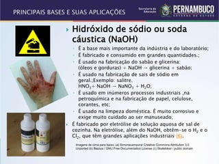  Hidróxido de sódio ou soda
cáustica (NaOH)
◦ É a base mais importante da indústria e do laboratório;
◦ É fabricado e consumido em grandes quantidades.;
◦ É usado na fabricação do sabão e glicerina:
(óleos e gorduras) + NaOH → glicerina + sabão;
◦ É usado na fabricação de sais de sódio em
geral.;Exemplo: salitre.
HNO3+ NaOH → NaNO3 + H2O;
◦ É usado em inúmeros processos industriais ,na
petroquímica e na fabricação de papel, celulose,
corantes, etc;
◦ É usado na limpeza doméstica. É muito corrosivo e
exige muito cuidado ao ser manuseado;
 É fabricado por eletrólise de solução aquosa de sal de
cozinha. Na eletrólise, além do NaOH, obtêm-se o H2 e o
Cl2, que têm grandes aplicações industriais (6).
Imagens de cima para baixo: (a) Simonecampora/ Creative Commons Attribution 3.0
Unported (b) Blazius / GNU Free Documentation License (c) Skatebiker / public domain
 