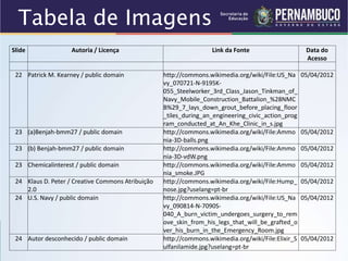 Slide Autoria / Licença Link da Fonte Data do
Acesso
22 Patrick M. Kearney / public domain http://commons.wikimedia.org/wiki/File:US_Na
vy_070721-N-9195K-
055_Steelworker_3rd_Class_Jason_Tinkman_of_
Navy_Mobile_Construction_Battalion_%28NMC
B%29_7_lays_down_grout_before_placing_floor
_tiles_during_an_engineering_civic_action_prog
ram_conducted_at_An_Khe_Clinic_in_s.jpg
05/04/2012
23 (a)Benjah-bmm27 / public domain http://commons.wikimedia.org/wiki/File:Ammo
nia-3D-balls.png
05/04/2012
23 (b) Benjah-bmm27 / public domain http://commons.wikimedia.org/wiki/File:Ammo
nia-3D-vdW.png
05/04/2012
23 Chemicalinterest / public domain http://commons.wikimedia.org/wiki/File:Ammo
nia_smoke.JPG
05/04/2012
24 Klaus D. Peter / Creative Commons Atribuição
2.0
http://commons.wikimedia.org/wiki/File:Hump_
nose.jpg?uselang=pt-br
05/04/2012
24 U.S. Navy / public domain http://commons.wikimedia.org/wiki/File:US_Na
vy_090814-N-7090S-
040_A_burn_victim_undergoes_surgery_to_rem
ove_skin_from_his_legs_that_will_be_grafted_o
ver_his_burn_in_the_Emergency_Room.jpg
05/04/2012
24 Autor desconhecido / public domain http://commons.wikimedia.org/wiki/File:Elixir_S
ulfanilamide.jpg?uselang=pt-br
05/04/2012
Tabela de Imagens
 