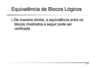 Equivalência de Blocos Lógicos
102
D De maneira similar, a equivalência entre os
blocos mostrados a seguir pode ser
verificada
 