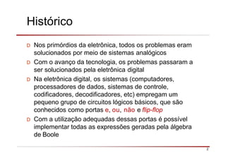 Histórico
2
D Nos primórdios da eletrônica, todos os problemas eram
solucionados por meio de sistemas analógicos
D Com o avanço da tecnologia, os problemas passaram a
ser solucionados pela eletrônica digital
D Na eletrônica digital, os sistemas (computadores,
processadores de dados, sistemas de controle,
codificadores, decodificadores, etc) empregam um
pequeno grupo de circuitos lógicos básicos, que são
conhecidos como portas e, ou, não e flip-flop
D Com a utilização adequadas dessas portas é possível
implementar todas as expressões geradas pela álgebra
de Boole
 