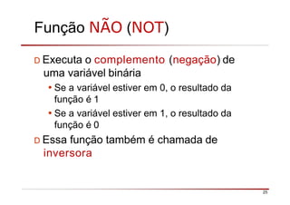 Função NÃO (NOT)
25
D Executa o complemento (negação) de
uma variável binária
•Se a variável estiver em 0, o resultado da
função é 1
•Se a variável estiver em 1, o resultado da
função é 0
D Essa função também é chamada de
inversora
 