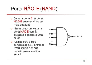Porta NÃO E (NAND)
D Como a porta E, a porta
NÃO E pode ter duas ou
mais entradas
D Nesse caso, temos uma
porta NÃO E com N
entradas e somente uma
saída
D A saída será 0 se e
somente se as N entradas
forem iguais a 1; nos
demais casos, a saída
será 1
A
B
32
S=A.B.C…N
C
N
…
 