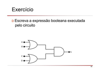 Exercício
D Escreva a expressão booleana executada
pelo circuito
S
48
A
B
C
D
 