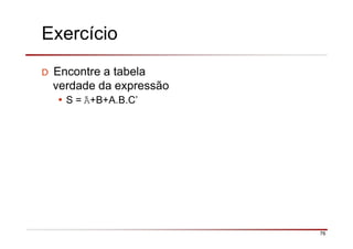 Exercício
76
D Encontre a tabela
verdade da expressão
• S = Ā+B+A.B.C’
 