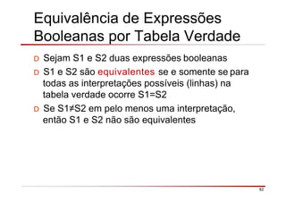 Equivalência de Expressões
Booleanas por Tabela Verdade
82
D Sejam S1 e S2 duas expressões booleanas
D S1 e S2 são equivalentes se e somente se para
todas as interpretações possíveis (linhas) na
tabela verdade ocorre S1=S2
D Se S1≠S2 em pelo menos uma interpretação,
então S1 e S2 não são equivalentes
 